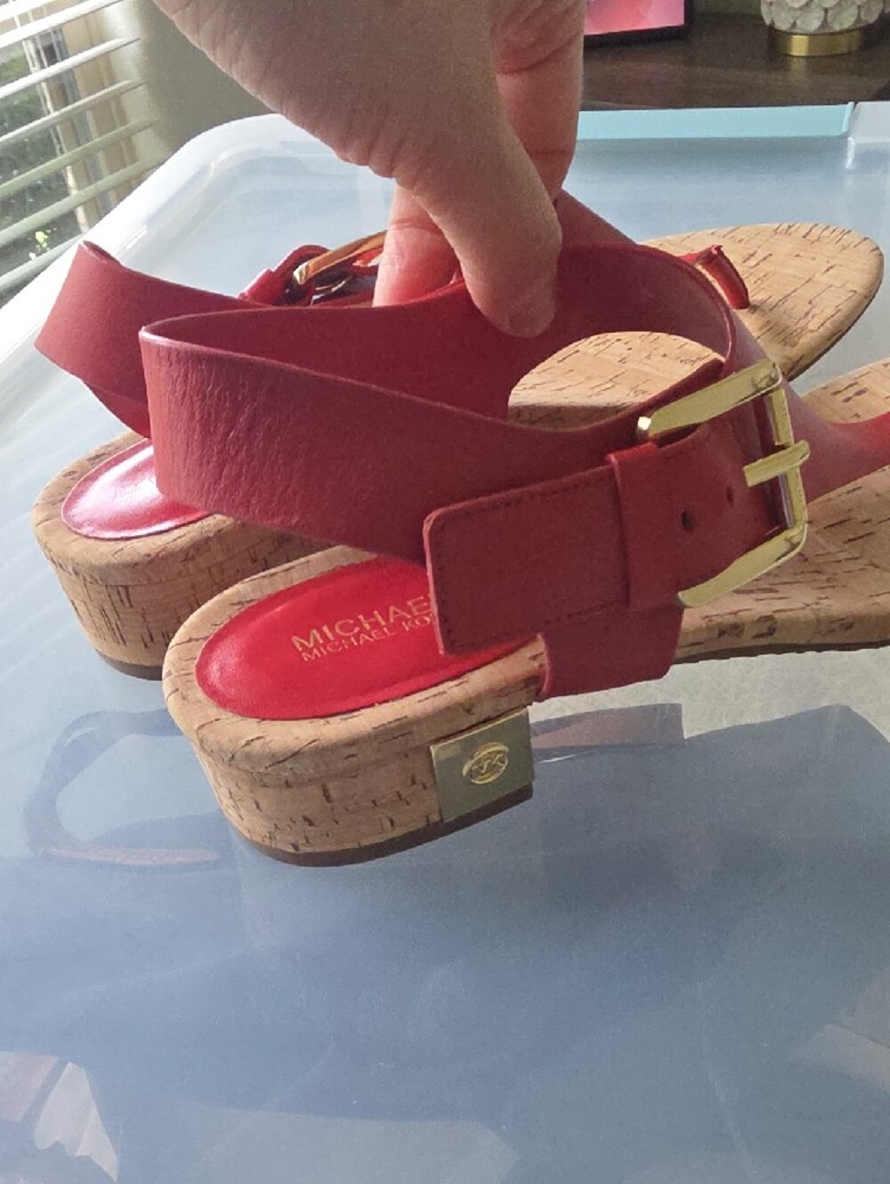 Michael Kors Red Thong Cork Sandals with Gold Buckle Detail - Picture 3 of 5